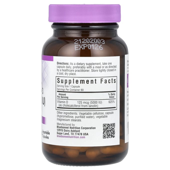 Bluebonnet Nutrition, Vitamine D3, 5.000 IE, 60 vegetarische capsules