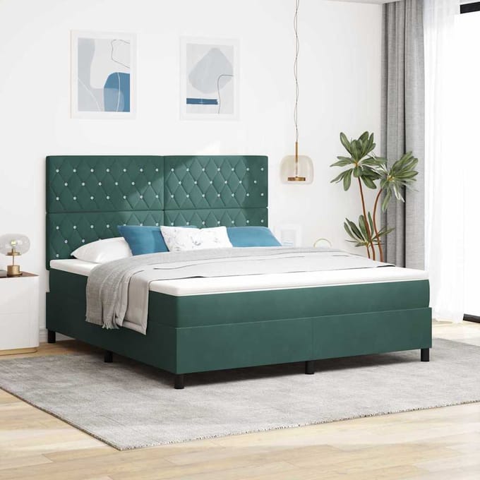 vidaXL - LED - Box - Spring - Bed - met - matras - Donkergroen - 180 - x - 200 - cm - Fluweel