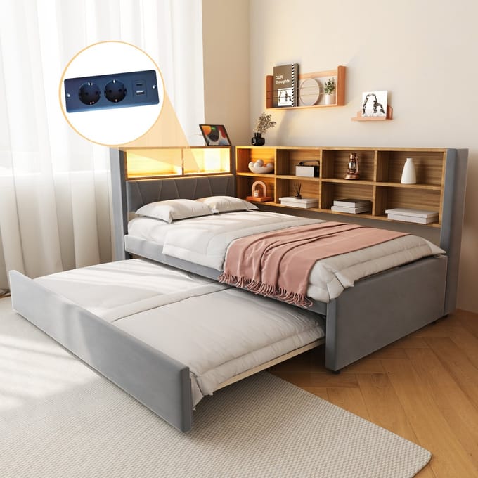 MODFU Dagbed 90x200 cm – Met Uitschuifbed, LED & USB/Type-C Laadstation – Logeerbed met Opbergvakken – Donkergrijs