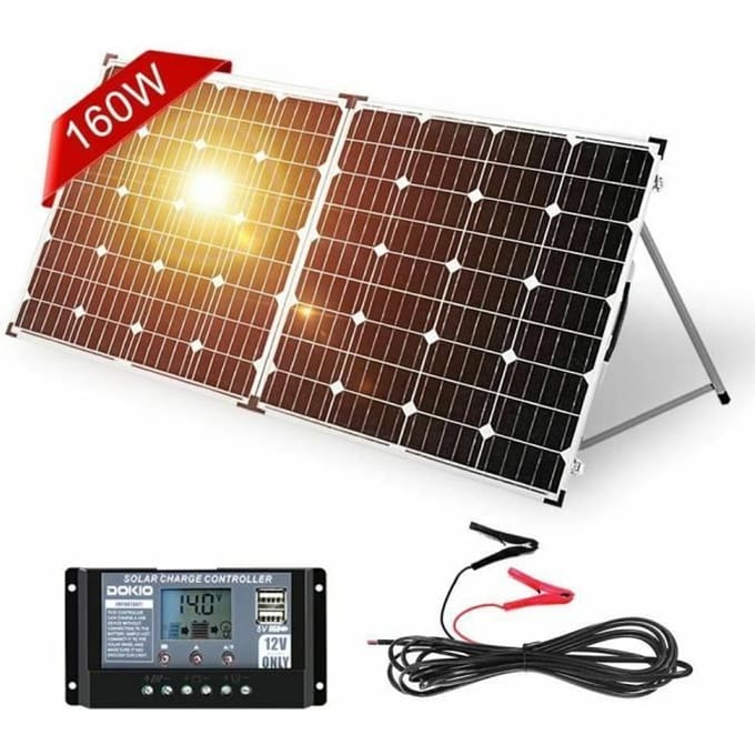 Dokio kit zonnepaneel, stijf en opvouwbaar, 160W, 10A, 12V, met lader, gemakkelijk te transporteren