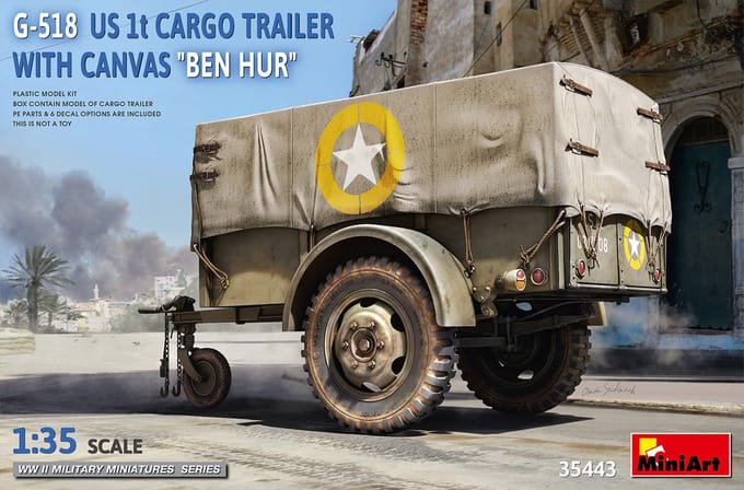 MiniArt Modelbouwpakket Militaire voertuigen - 35443 G-518 US 1 ton Cargo Trailer Ben Hur w/Canvas Plastic - 1:35 - Modelbouw