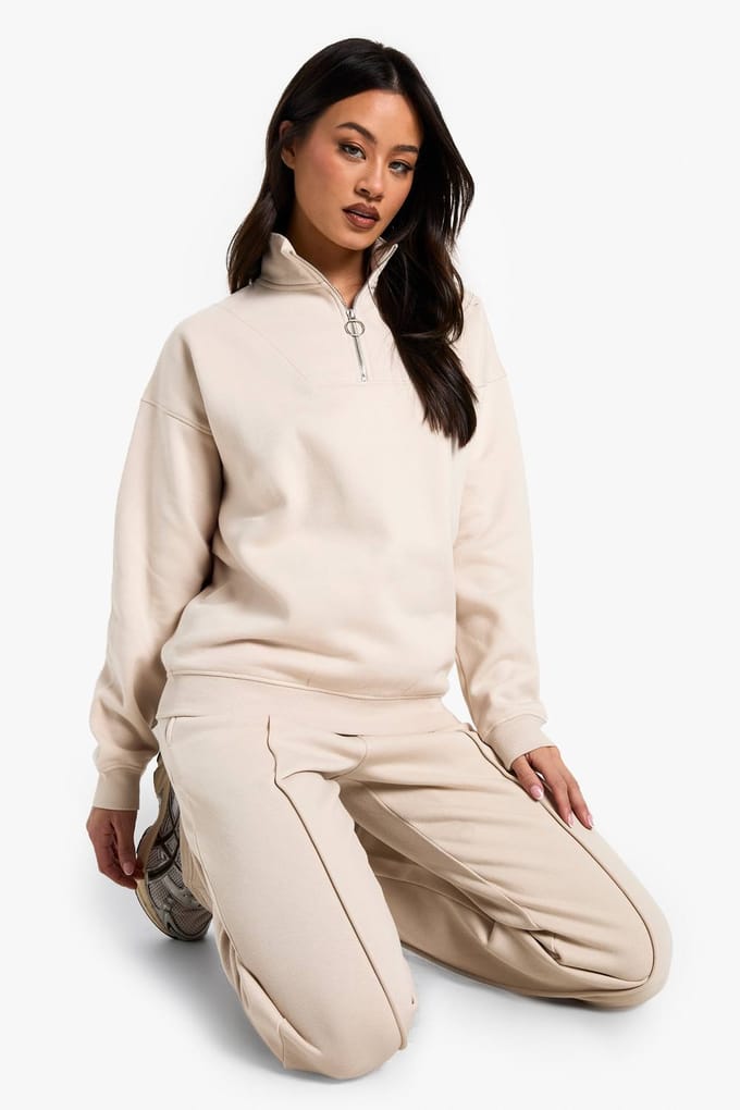 boohoo Dames Tall O Ring Detail Half Zip Sweatshirt | Beige | Maat: XL