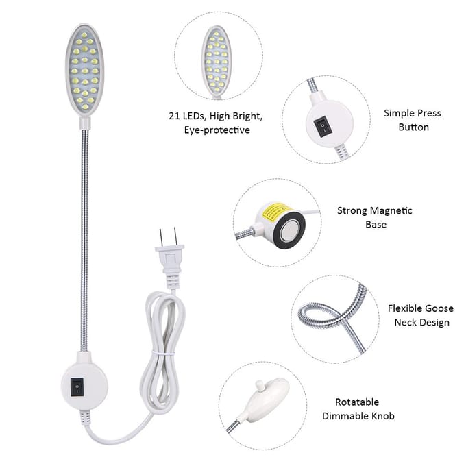 AC110-250V 1W 21LEDs Naaimachine Lichtlamp Draaibare knop Dimbaar Verstelbare helderheid Vast EU Plug white