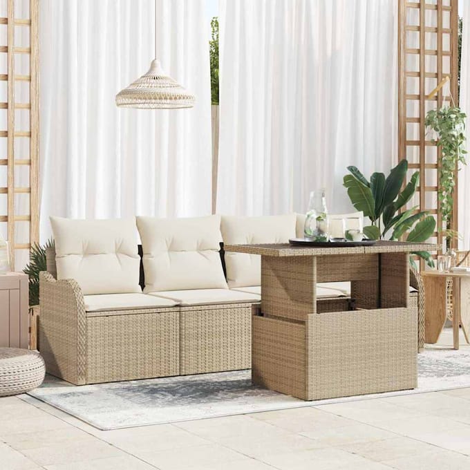 vidaXL - Tuinbank - Set - 5 - st - 4-zits - Beige - [Synthetisch]: - Poly - Riet