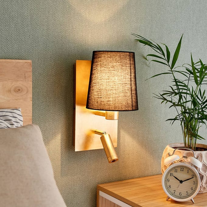 Lindby - Wandlamp - 1licht - Stof, metaal - H: 30.8 cm - E14 - zwart, goud