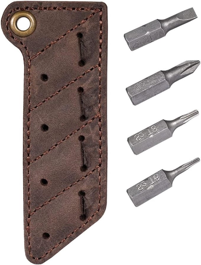 Screw Bit Organizer met Leren Sheath, Bit Houder voor Schroevendraaier, Handgenaaide Set met 4 Magnetische Bits voor Efficiënt Gereedschapbeheer