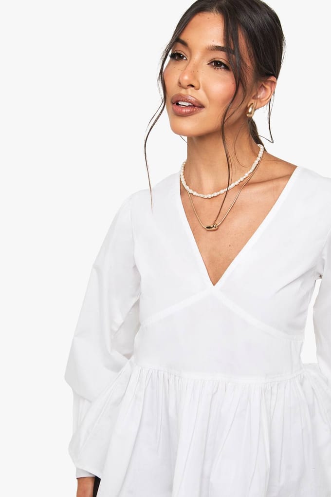 boohoo Dames Katoenen poplin smocktop met blousonmouwen | Wit | Maat: 40