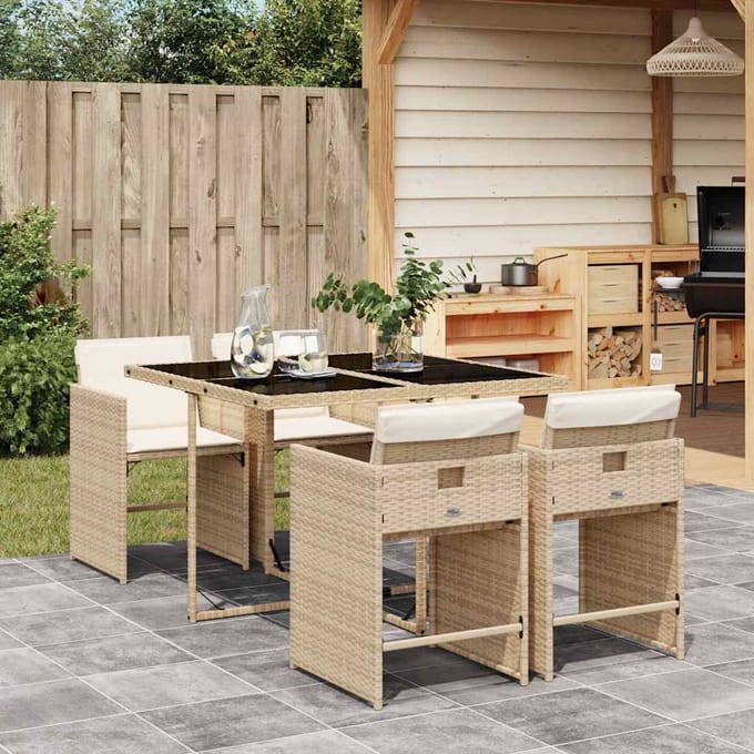 vidaXL - 5-delige - Tuinset - met - kussens - poly - rattan - beige