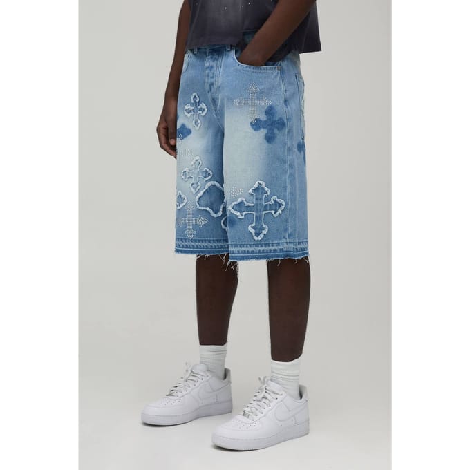 Denim Jorts Met Stras Kruis Applicatie | Light Blue | Size 40R