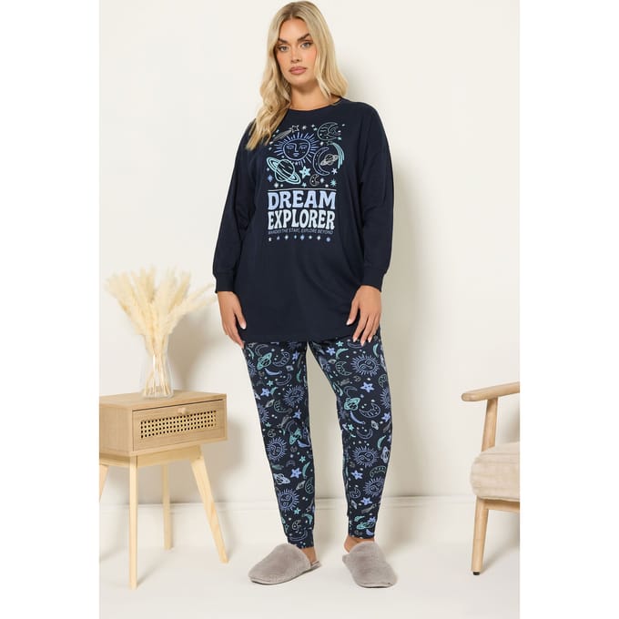 Yours Marineblauwe 'Dream Explorer' Pyjamaset Met Manchetten Size 62-64