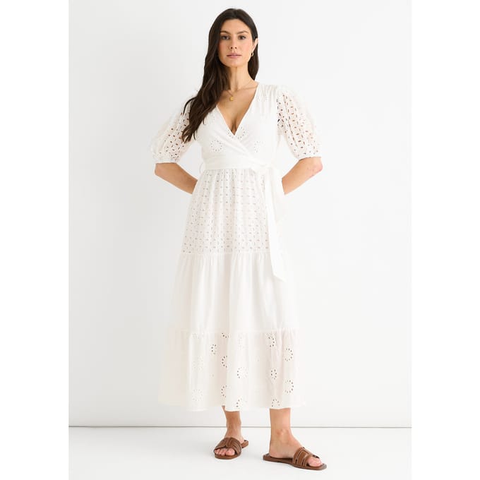 Witte Wrap Broderie Katoenen Midi Jurk met Riem