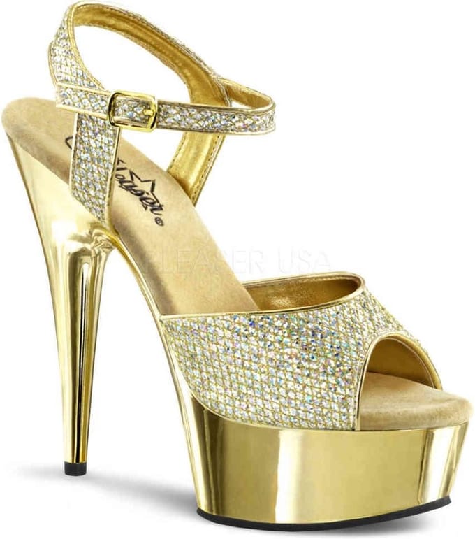 EU 38 = US 8 | DELIGHT-609G | 6 Heel, 1 3/4 Gold Chrome PF Ankle Strap Sandal