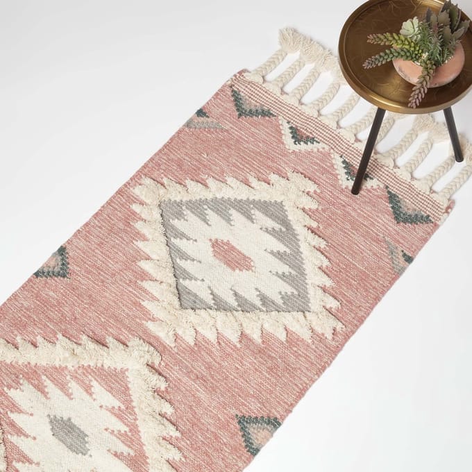 Homescapes Handgeweven Kelim Runner Pali - 66 x 200 cm, roze-grijs patroon