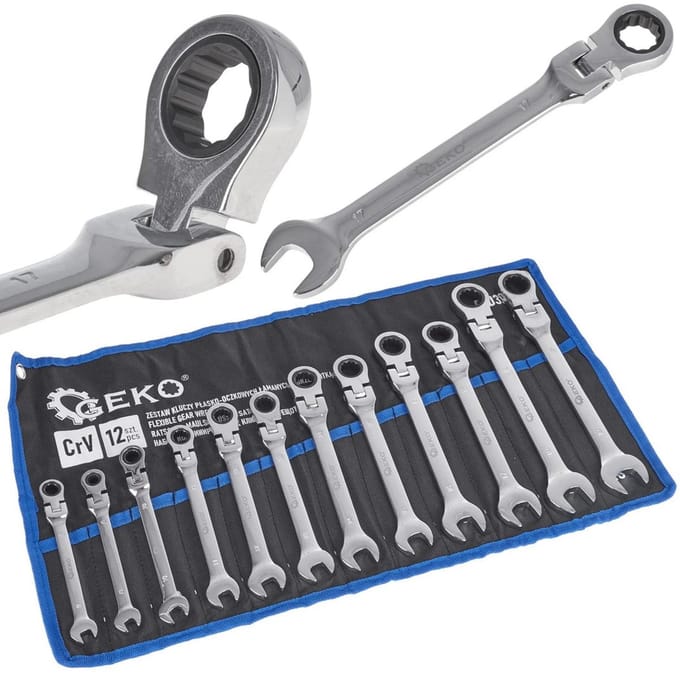 GEKO 12-delige flexibele ratelsleutelset - CrV staal - 8-19 mm - Inclusief opbergetui