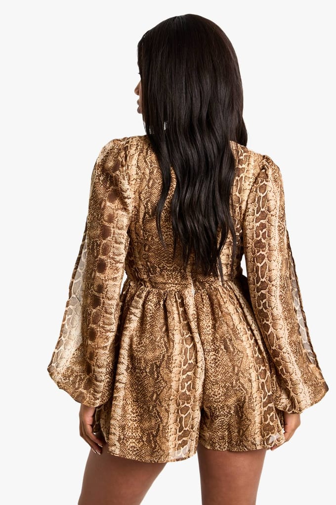 boohoo Dames Snake Print Split Sleeve Playsuit | Bruin | Maat: 38