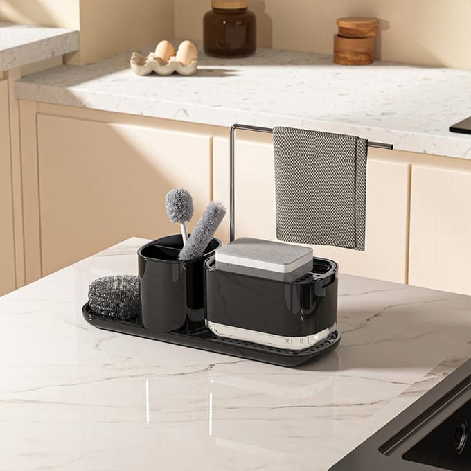 Hand- en afwasmiddeldispenserset, zeepdispenser met sponshouder en voddenhouder Push-Type vloeistof wit