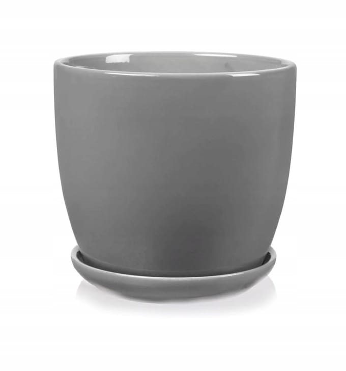 Grijze Keramische Pot met Schotel - 13 cm