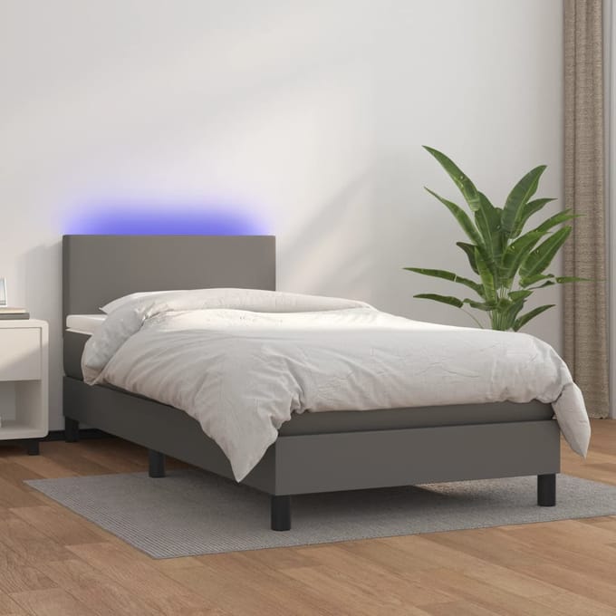 vidaXL - Boxspring - met - matras - en - LED - kunstleer - grijs - 80x200 - cm