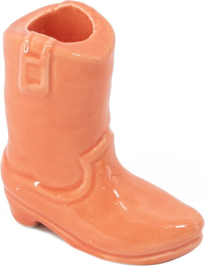 Aardewerk kaarsenstandaard cowboy laars salmon
