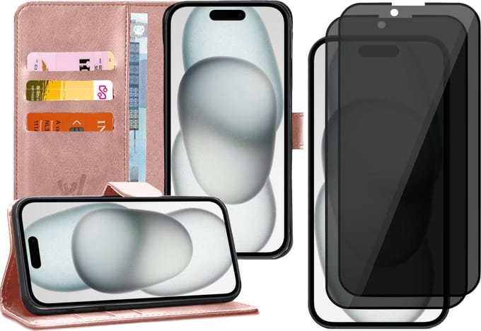Hoesje geschikt voor iPhone 15 Plus - 2x Privacy Screen Protector FullGuard - Book Case Kunstleer Pasjeshouder Rosegoud & Screenprotector