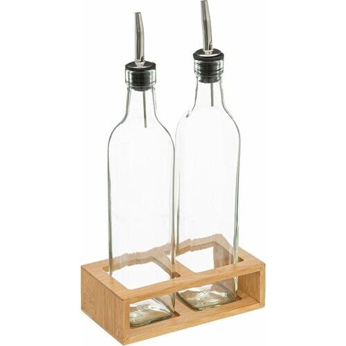 5five Glazen olie- en azijnfles set met bamboe standaard - 0,5 L, transparant