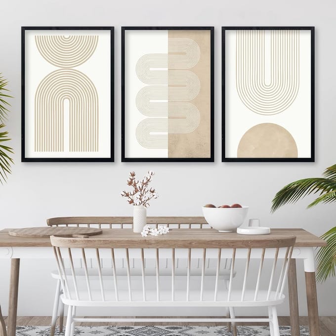 Set van 3 Houten Wandpanelen met Beige Geometrische Abstracte Prints