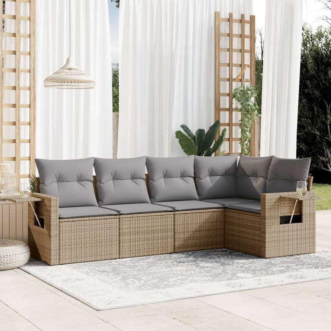 vidaXL - 5-delige - Loungeset - met - kussens - poly - rattan - beige