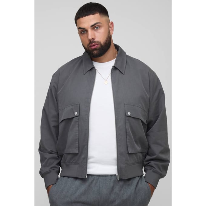 Plus Technical Utility Cargo Pocket Harrington Jacket | Grey | Size 2XL