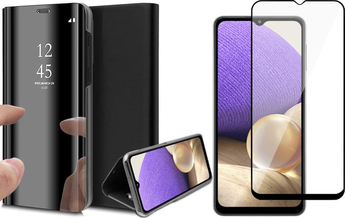 Hoesje geschikt voor Samsung Galaxy A32 5G - Screen Protector FullGuard - Book Case Spiegel Zwart & Screenprotector