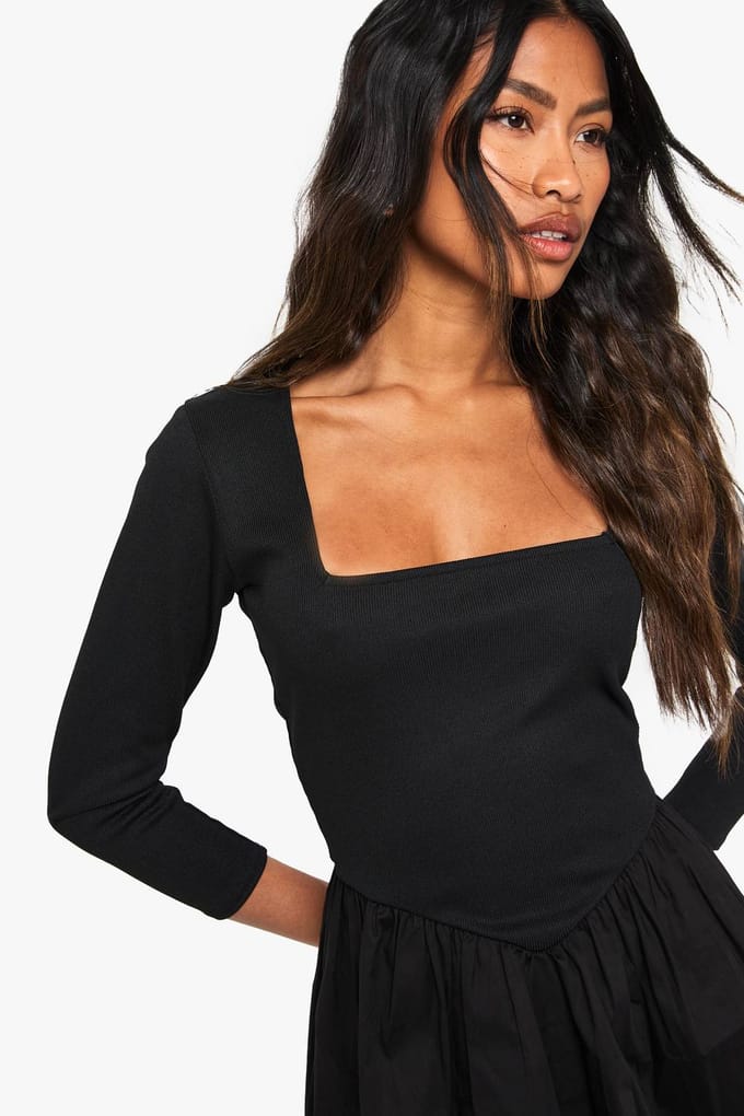 boohoo Dames Jersey Rib Cotton Mix Langarm Mini Jurk | Black | Maat: 8