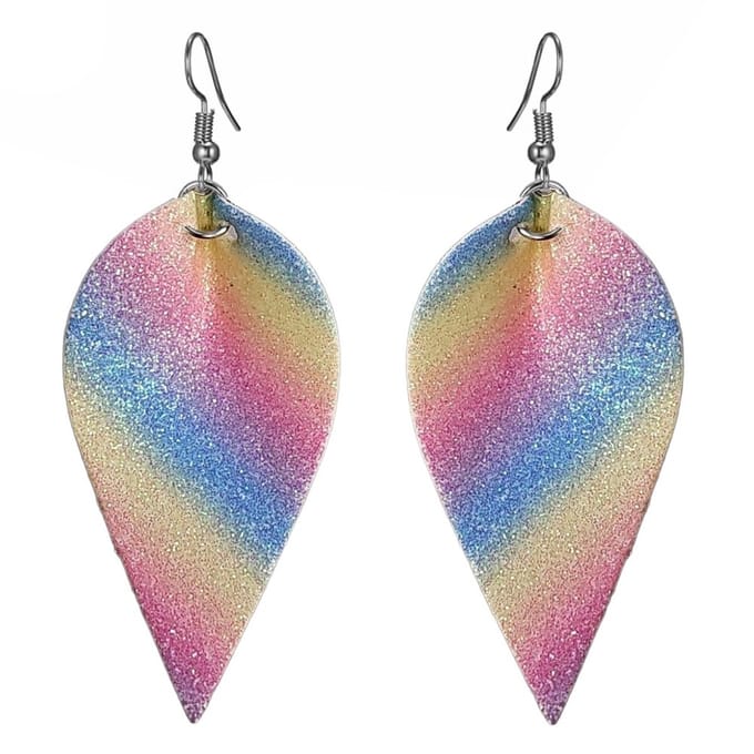Fako Bijoux® - Oorbellen - Omgekeerde Druppel - Glitter - Kunstleer - Soft Regenboog