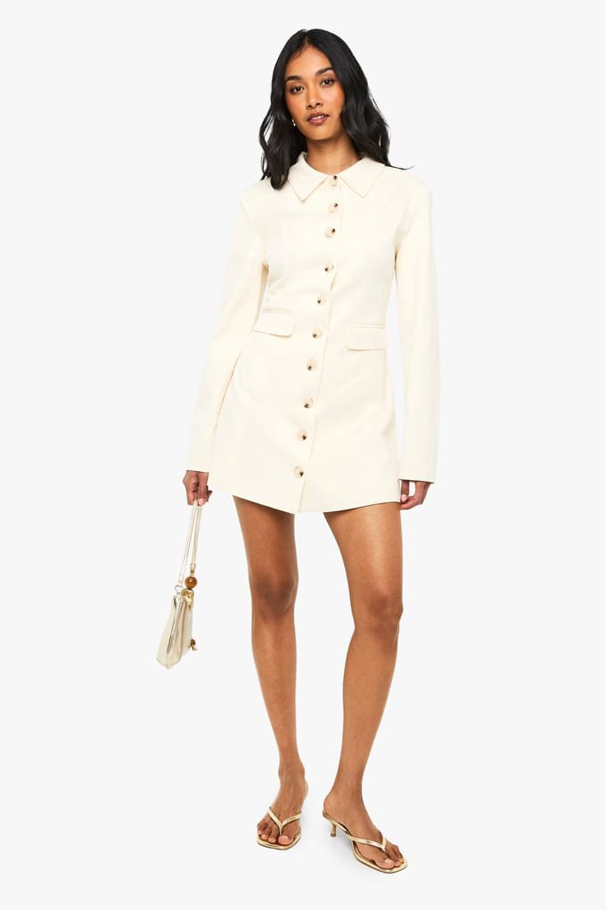 boohoo Dames Getailleerde Doorknoop Shirt Blazer Jurk | Creme | Maat: 42