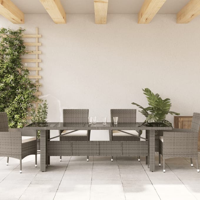 vidaXL - Tuintafel - met - glazen - blad - 240x90x75 - cm - poly - rattan - grijs