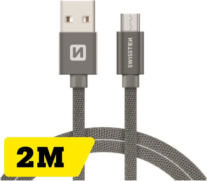 Swissten Lange Micro‑USB Oplaadkabel 2 meter – voor Samsung, Android, Powerbank & PS4 Controller – USB‑A Kabel – Grijs
