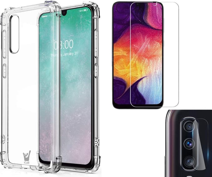 Hoesje geschikt voor Samsung A50 - Transparant + Screen Protector + Camera Protector