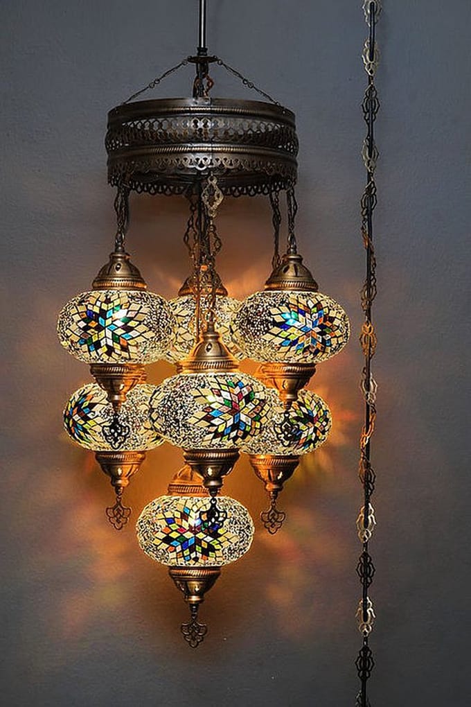 Turkse hanglamp - mozaïek glas multicolour - 7 bollen - hoogte 145 cm en breedte 45 cm
