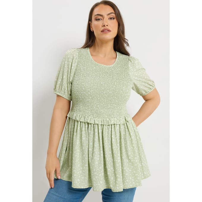 Yours Groene Top Met Kleine Bloemenprint En Plooitjes Size 42