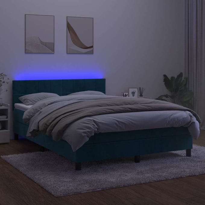 vidaXL - Boxspring - met - matras - en - LED - fluweel - donkerblauw - 140x190 - cm