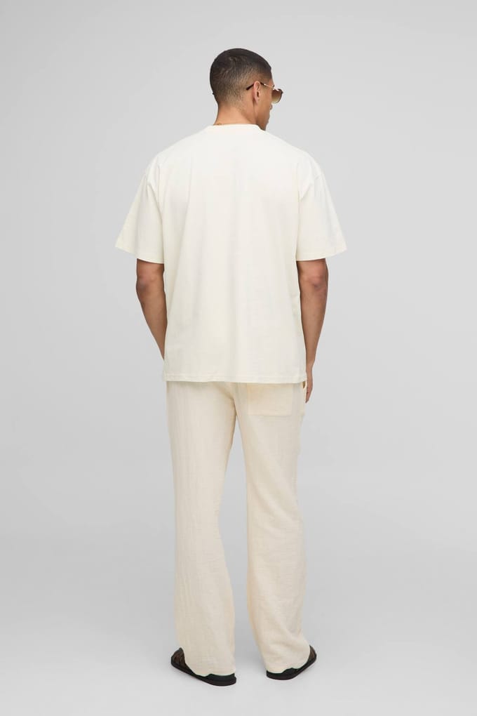 Ecru Oversized Extended Neck Mykonos Paradise Island Bedrukte T-Shirt | Size Medium