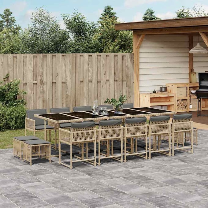 vidaXL - 15-delige - Tuinset - met - kussens - poly - rattan - gemengd - beige