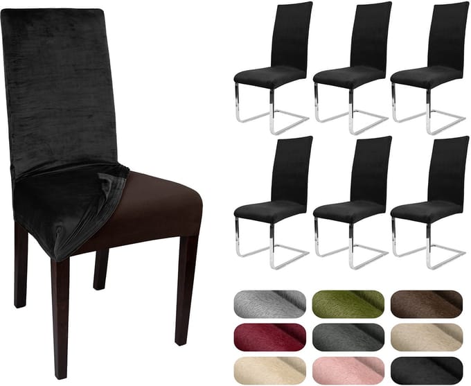 LEA, set van 6 stoelhoezen, elastische effen stretchhoezen van fluweel, microvezel, kleur naar keuze (zwart)