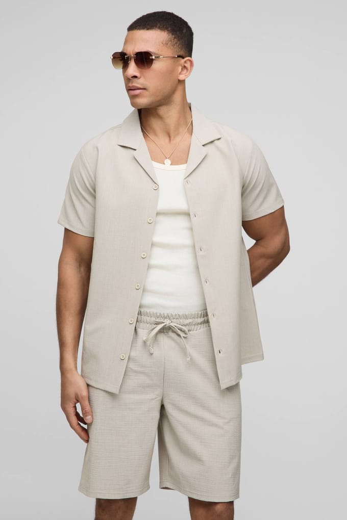 Regular Fit Seersucker Streep Overhemd & Shorts Set | Stone | Size XL