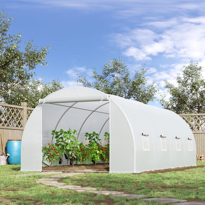 MODFU - Kas - Beloopbaar - Met 8 Oprolbare Ramen En Oprolbare Deur - Tuin - Kunststof - Wit - 595 X 300 X 200 Cm