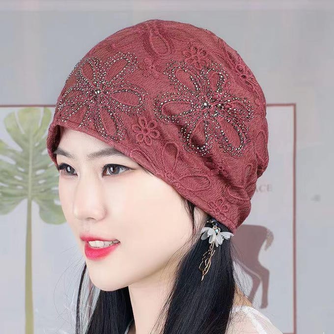 Ensemble bonnet et écharpe en velours chaud pour femme, orné de strass et de fleurs. orange