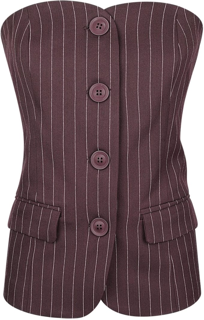 Gimme - Pinstripe Corset Top – Gestreept Korset – Modieuze Mouwloze Top met Gestructureerde Look - Bordeaux - Maat M