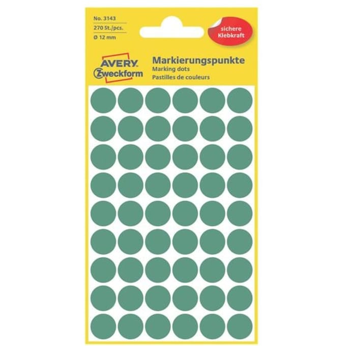 Avery-Zweckform 3143 Etiketten Ø 12 mm Papier Groen 270 stuk(s) Permanent hechtend Etiketten voor markeringspunten