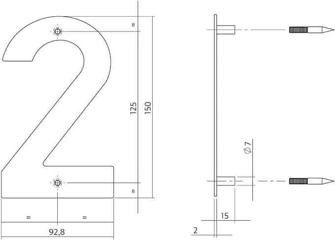 Huisnummer 2 RVS Geborsteld 150 mm Hoog