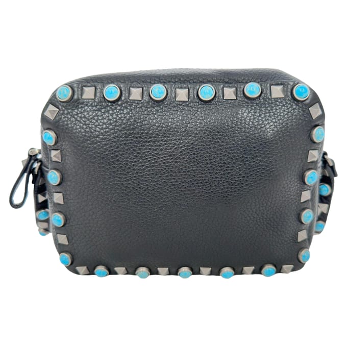 Valentino Rolling Rockstud Camera Bag in Zwart Leer