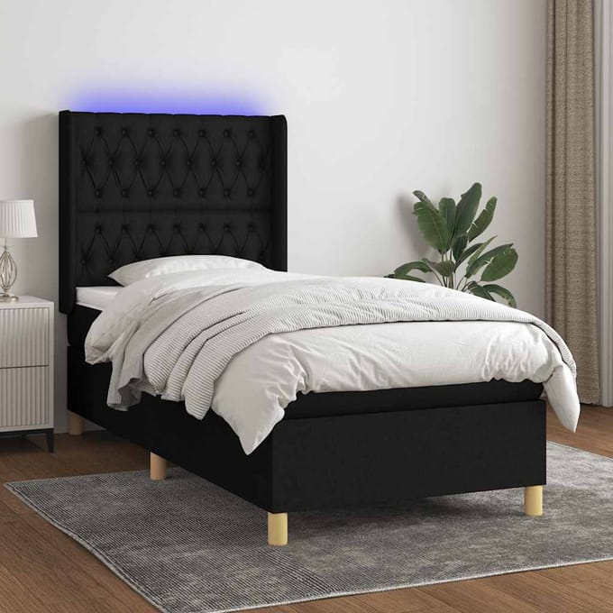 vidaXL - Boxspring - met - matras - en - LED - stof - zwart - 90x200 - cm