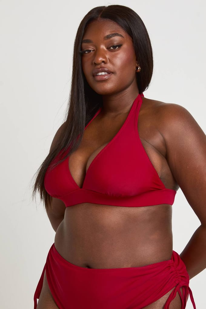 boohoo Dames Plus Size Diepe Halter Bikini Top | Bordeaux Rood | Maat: 56